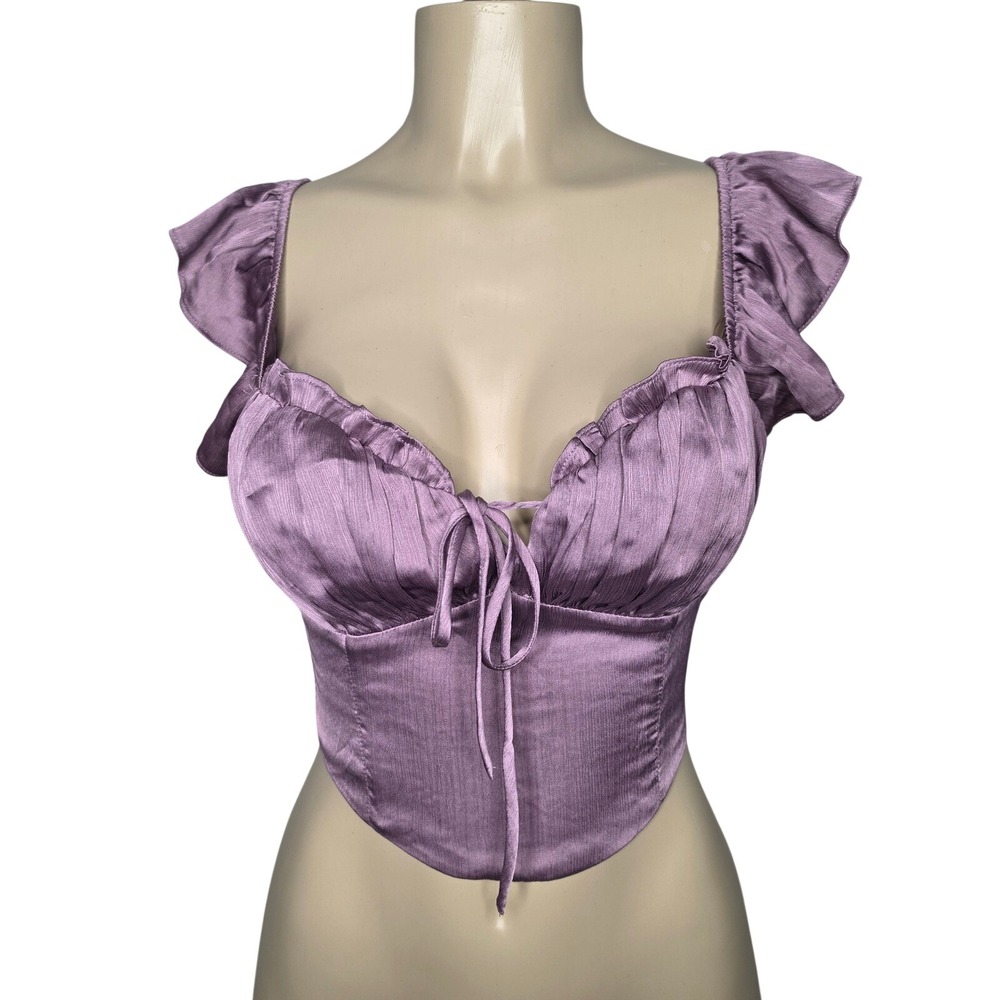 Altar'd State Milkmaid Top Womens M Satin Lavender Purple Ruffle Corset Crop Top